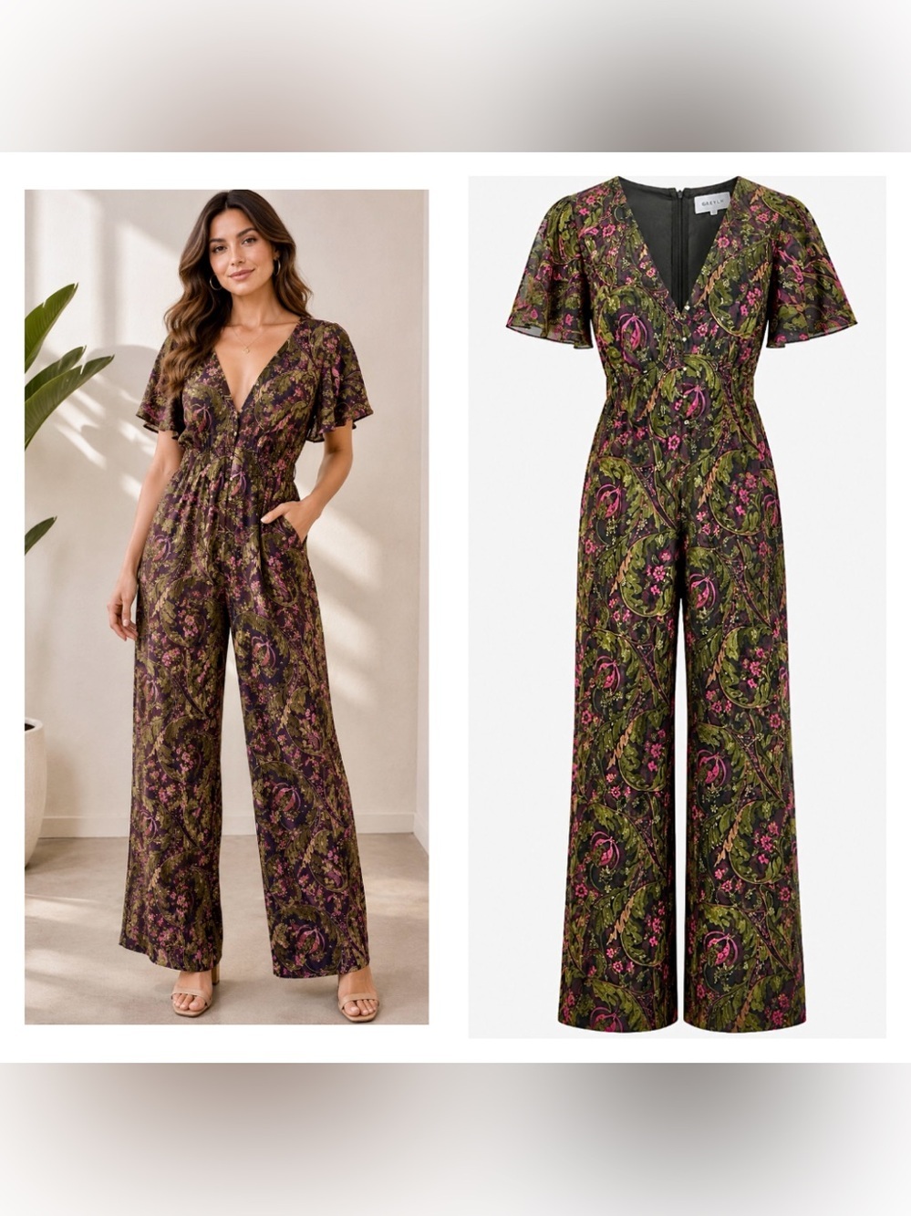 ETT:TWA by Anthropologie Olive & Pink Floral V-Neck Wide-Leg Jumpsuit 10 - Picture 2 of 4